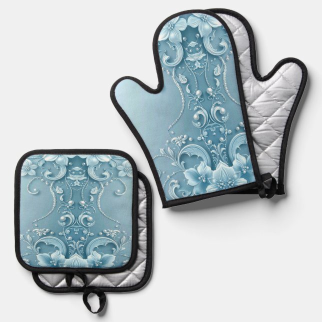 Blue Decorative Floral Ofenhandschuh & Topflappen-Set (Vorderseite/Rückseite)