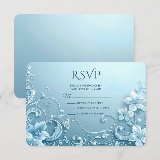 Blue Decorative Floral RSVP Card (Devant / Derrière)