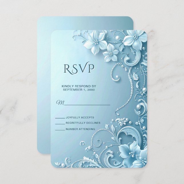 Blue Decorative Floral RSVP Card (Devant / Derrière)