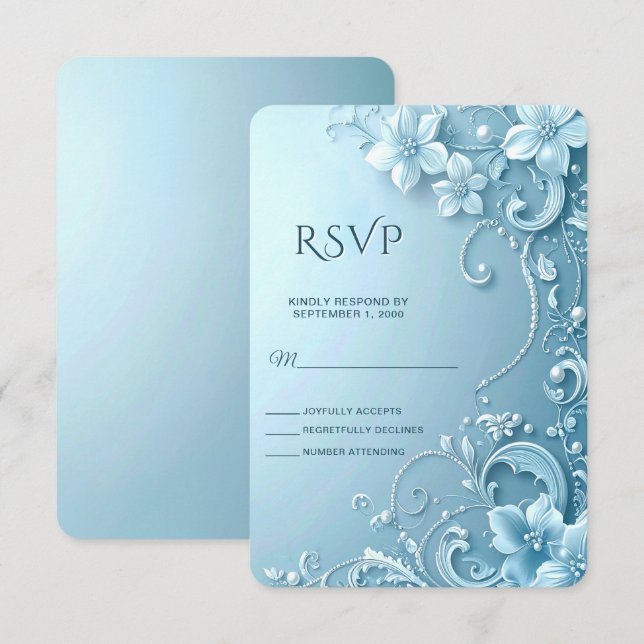 Blue Decorative Floral RSVP Card Karte (Vorne/Hinten)