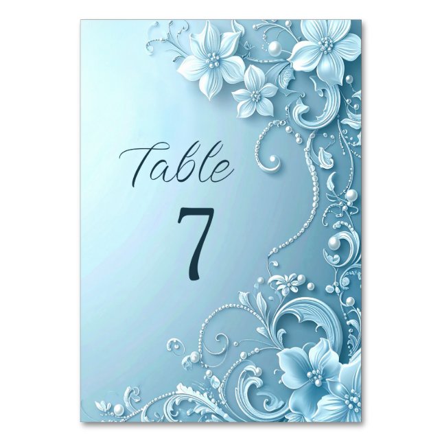 Blue Decorative Floral Table Number Tischnummer (Vorderseite)