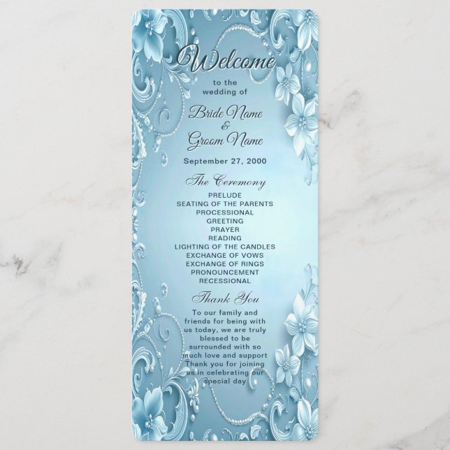 Blue Decorative Floral Wedding Program Programm (Vorderseite)