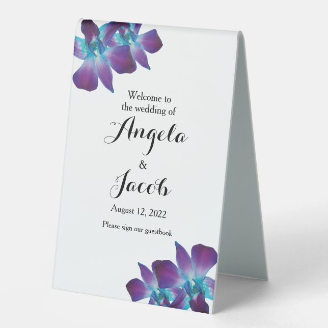 Blue Dendrobium Orchid Wedding Welcome Guestbook Tischaufsteller (Vorderseite)