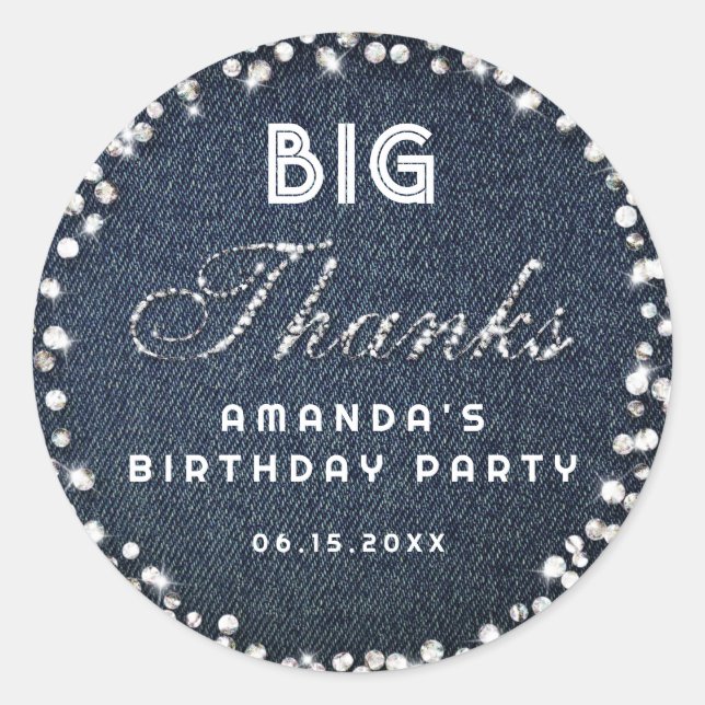 Blue Denim Diamonds Glitzer Rhinestones Big Danke Runder Aufkleber (Vorderseite)