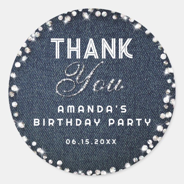 Blue Denim Diamonds Glitzer Rhinestones Vielen Dan Runder Aufkleber (Vorderseite)