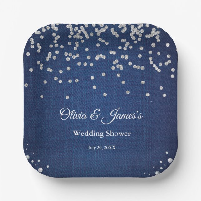 Blue Denim Diamonds Pearls Couple's Polterabend Pappteller (Vorderseite)