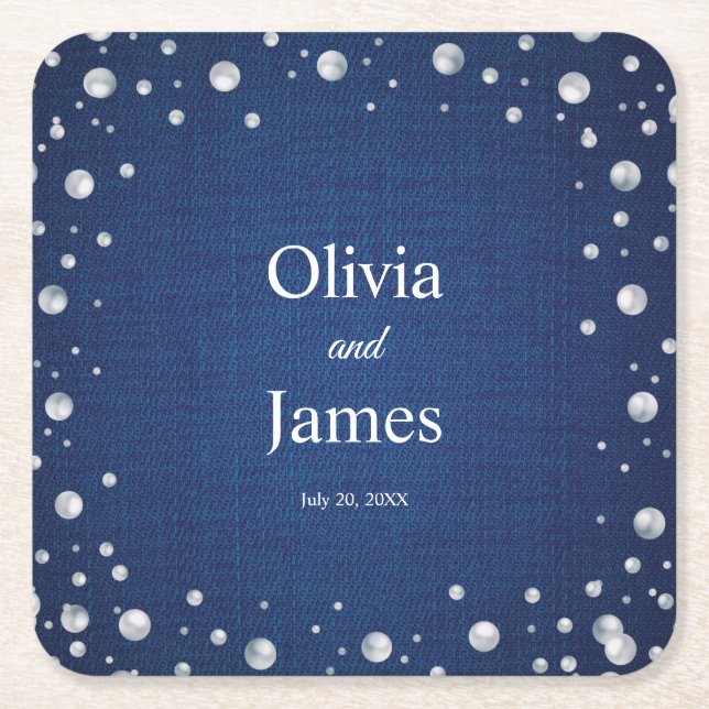 Blue Denim Diamonds Pearls Wedding Couple Dusche Rechteckiger Pappuntersetzer (Vorderseite)