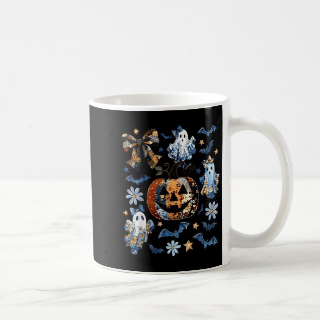 Blue Denim Floral Patchwork Pumpkin Ghost Coquette Kaffeetasse (Rechts)