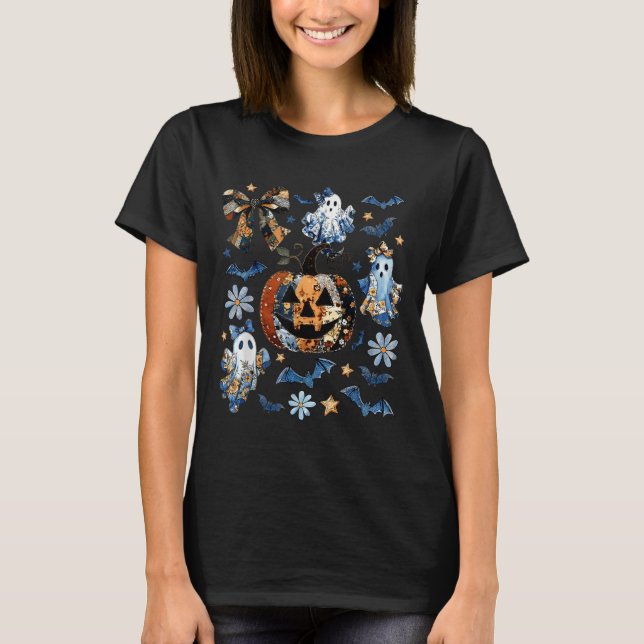 Blue Denim Floral Patchwork Pumpkin Ghost Coquette T-Shirt (Vorderseite)