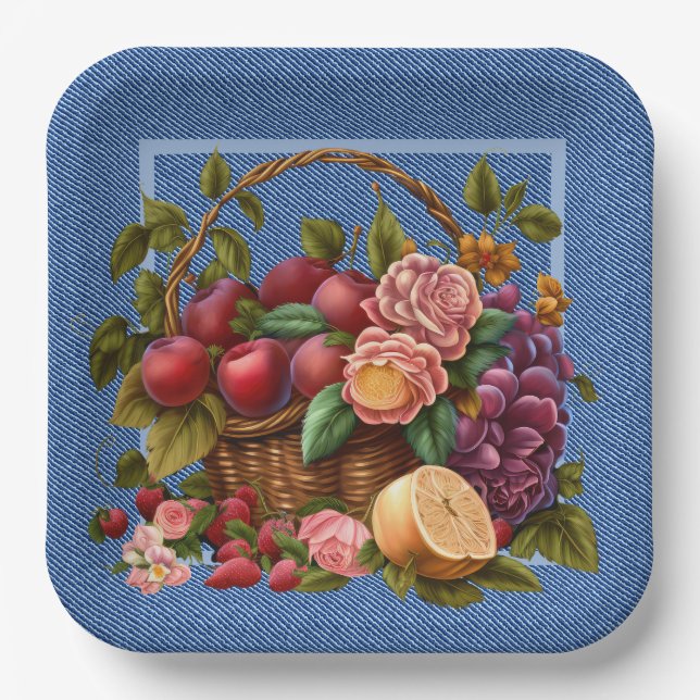 Blue Denim Fruit And Flowers Pappteller (Vorderseite)