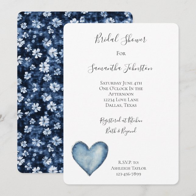 Blue Denim Heart Brautparty Einladung (Vorne/Hinten)
