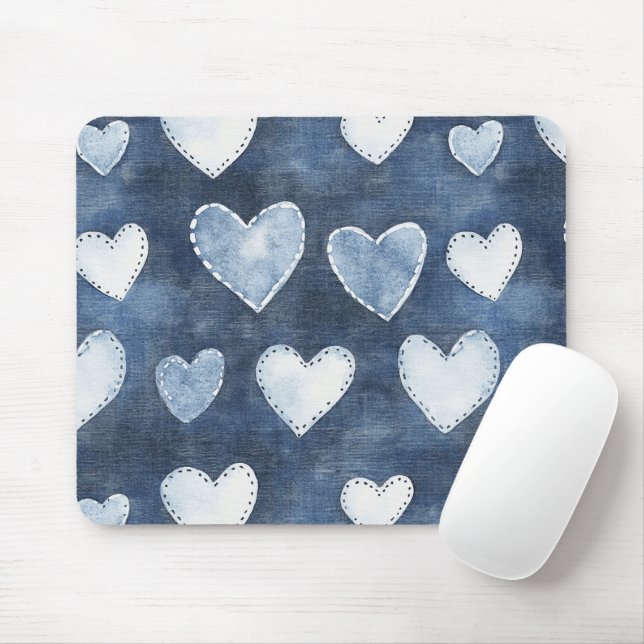 Blue Denim Hearts Mousepad (Mit Mouse)