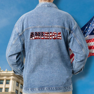 Blue Denim Jean Jacket America USA Flag Jeansjacke