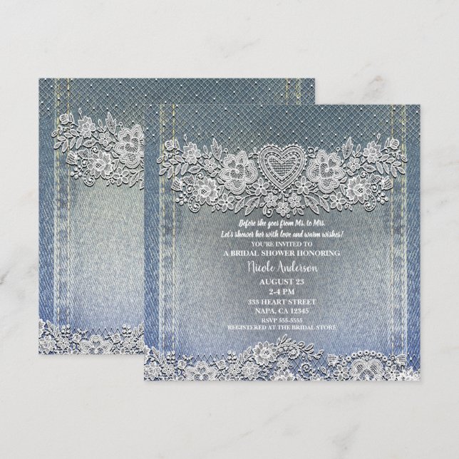 Blue Denim Jean & White Heart Lace Brautparty Einladung (Vorne/Hinten)