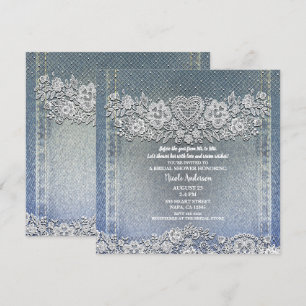 Blue Denim Jean & White Heart Lace Brautparty Einladung