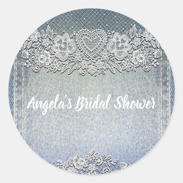 Blue Denim Jean & White Heart Lace Brautparty Runder Aufkleber (Vorderseite)