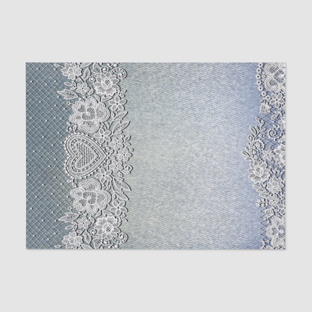 Blue Denim Jean & White Heart Lace Brautparty Seidenpapier (Vorderseite)