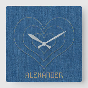 Blue Denim Jeans Fabric 3 Hearts Personalized Name Quadratische Wanduhr