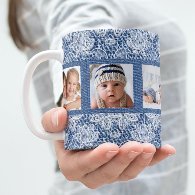 Blue Denim Lace Foto Collage Family Kaffeetasse (Von Creator hochgeladen)