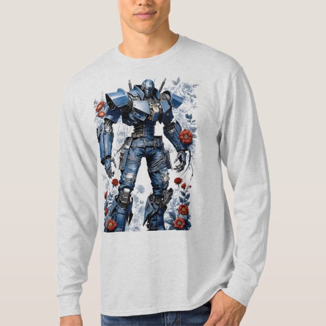 Blue Denim Mech Robot mit Rote Rosen T-Shirt (Vorderseite)