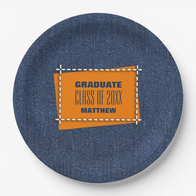 Blue Denim Pattern Graduation Party Pappteller (Vorderseite)