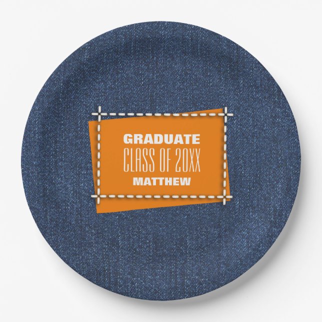 Blue Denim Pattern Graduation Party Pappteller (Vorderseite)