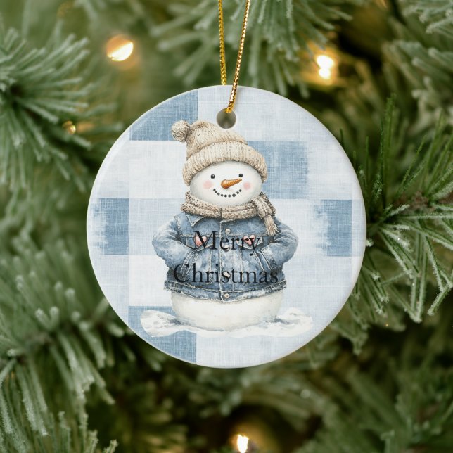 Blue Denim Snowman Christmas Keramik Ornament (Baum)