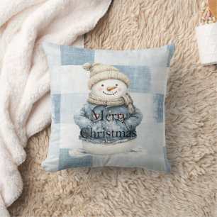 Blue Denim Snowman Christmas Kissen