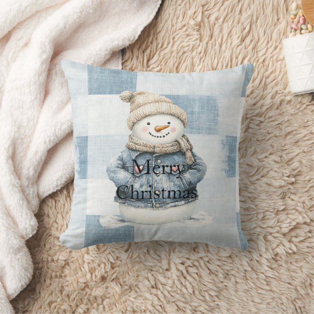 Blue Denim Snowman Christmas Kissen (Decke)