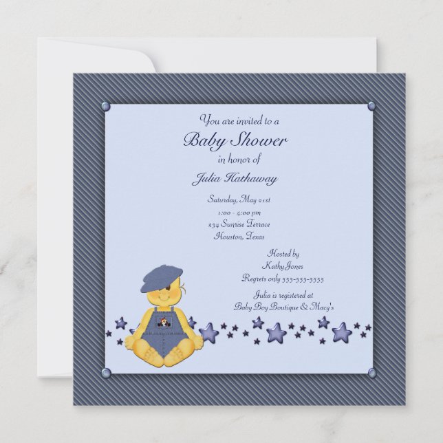 Blue Denim Stars Baby Boy Dusche Einladung (Vorderseite)