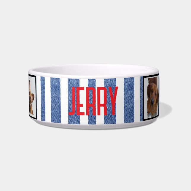 🐾 Blue Denim Stripes auf dem Foto "White Patterna Napf (Vorderseite)