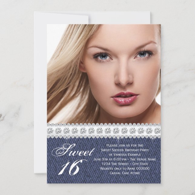 Blue Denim und Diamond 16 . Geburtstag Party Einladung (Vorderseite)