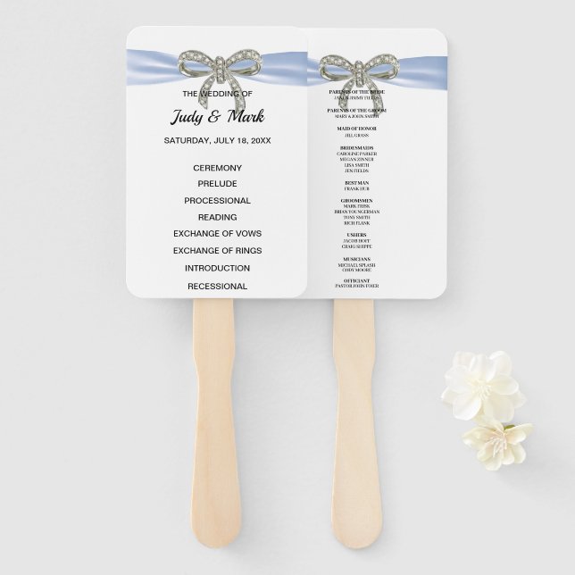 Blue Diamond Bow Wedding Program Fächer (Vorne und Hinten)