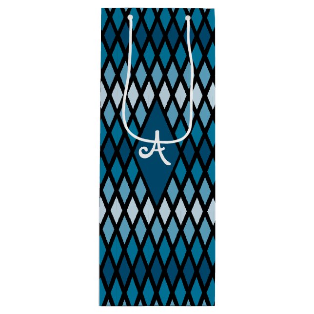 Blue Diamond Ombre Monogram Geschenktüte Für Weinflaschen (Vorderseite)