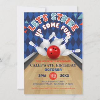 Blue Diamond Stripe Lasse Strike Bowling Birthday Einladung