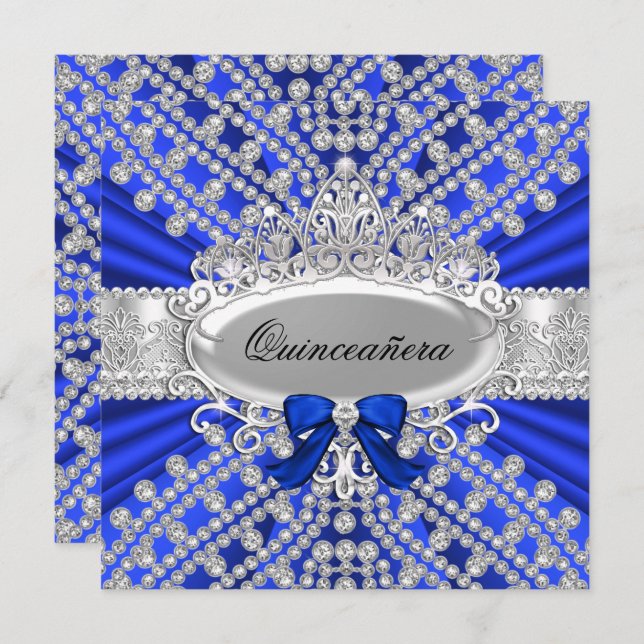 Blue Diamond & Tiara Quinceañera Invitation (Devant / Derrière)