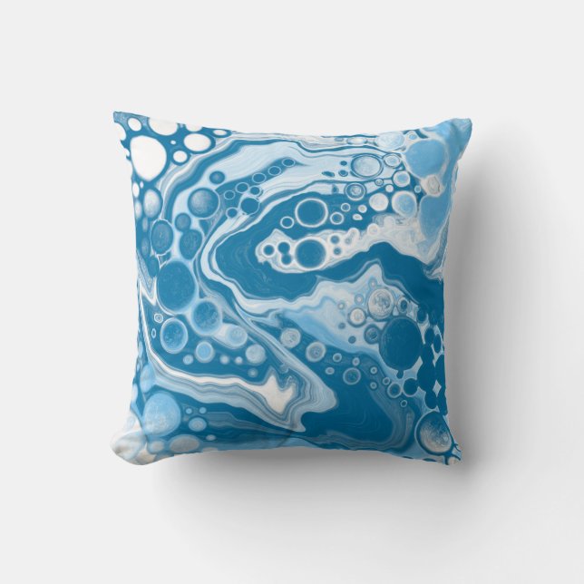 Blue Digital Fluid Art Marmor Pour Painting Cells Kissen (Vorderseite)