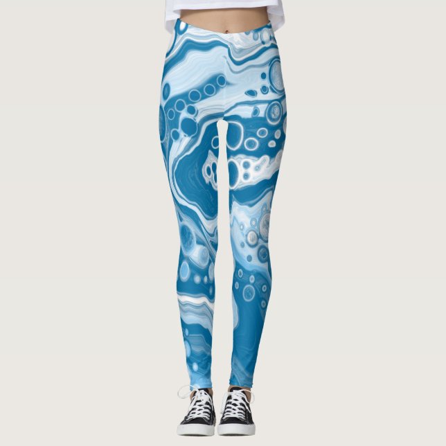 Blue Digital Fluid Art Marmor Pour Painting Cells Leggings (Vorderseite)