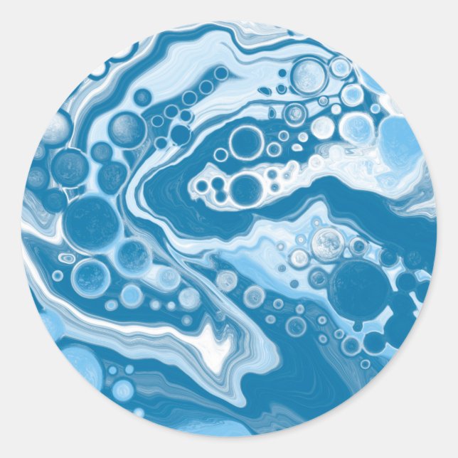 Blue Digital Fluid Art Marmor Pour Painting Cells Runder Aufkleber (Vorderseite)