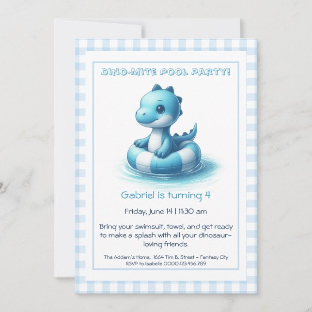 Blue Dino-Mite Birthday Pool Party Einladung (Vorderseite)