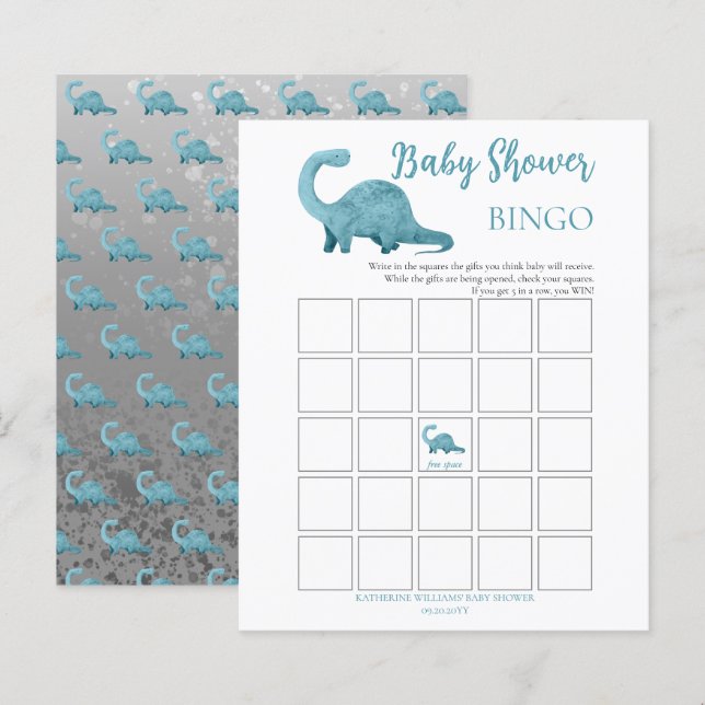 Blue Dinosaur Boy Baby Shower Bingo Card (Vorne/Hinten)