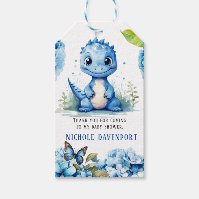 Blue Dinosaur Florals Boy Baby Dusche Vielen Dank Geschenkanhänger (Vorderseite)