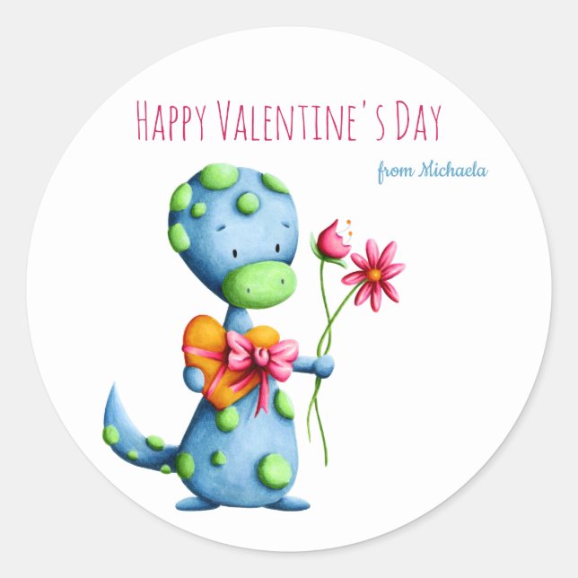 Blue Dinosaur Kids School Class Valentine's Day Cl Runder Aufkleber (Vorderseite)