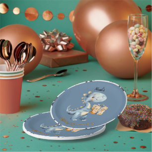 Blue Dinosaur Rawr Birthday Cake Paper Plate Pappteller