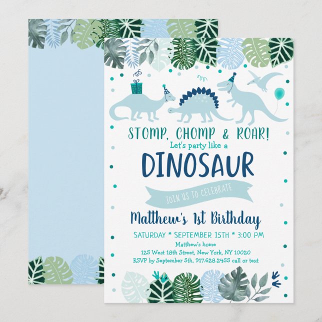 Blue Dinosaur Safari Geburtstag Einladung (Vorne/Hinten)