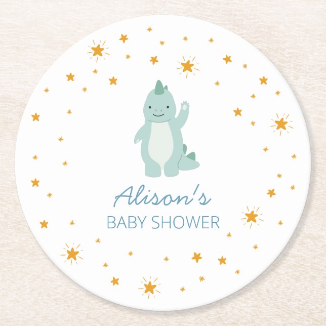 Blue Dinosaur Twinkle Star Baby Shower Boy Party Runder Pappuntersetzer (Vorderseite)