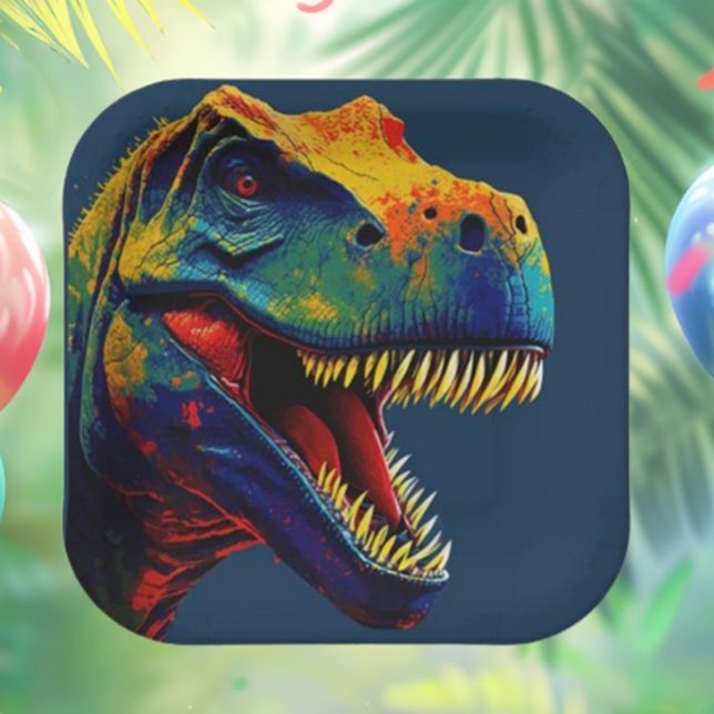 Blue Dinosaurier Birthday Pappteller (This Pop Art Blue Dinosaur  sets a fun, vibrant tone for a memorable celebration. )