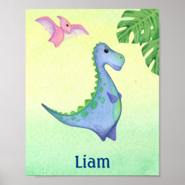 Blue Dinosaurier Boy's Name Kinderzimmer Watercolo Poster