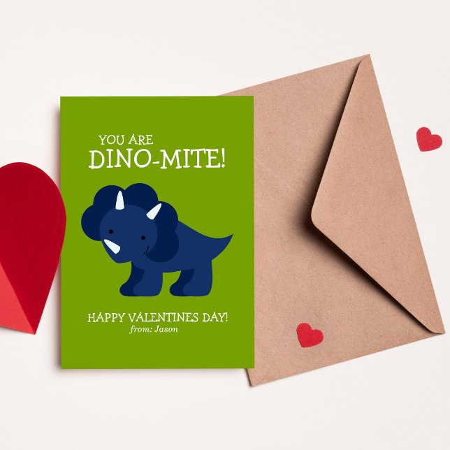 Blue Dinosaurier Kids School Valentines Mitteilungskarte (Von Creator hochgeladen)