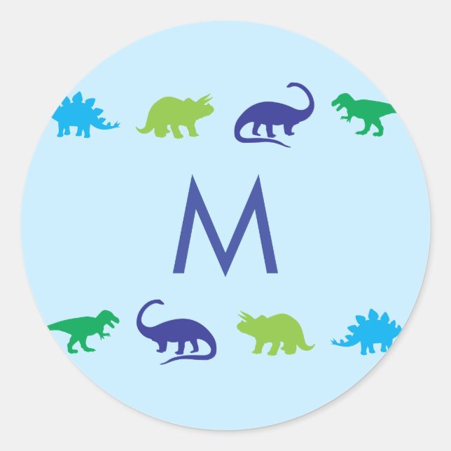 Blue Dinosaurier Niedlich Kid Name Umschlag Aufkle Runder Aufkleber (Vorderseite)